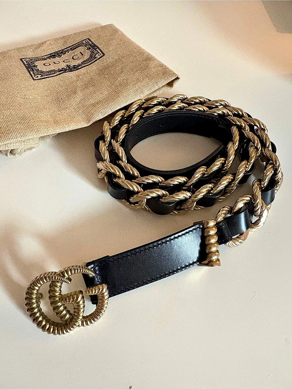 GUCCI GG Marmont Torchon Leather Black & Gold Chain Belt Size 95